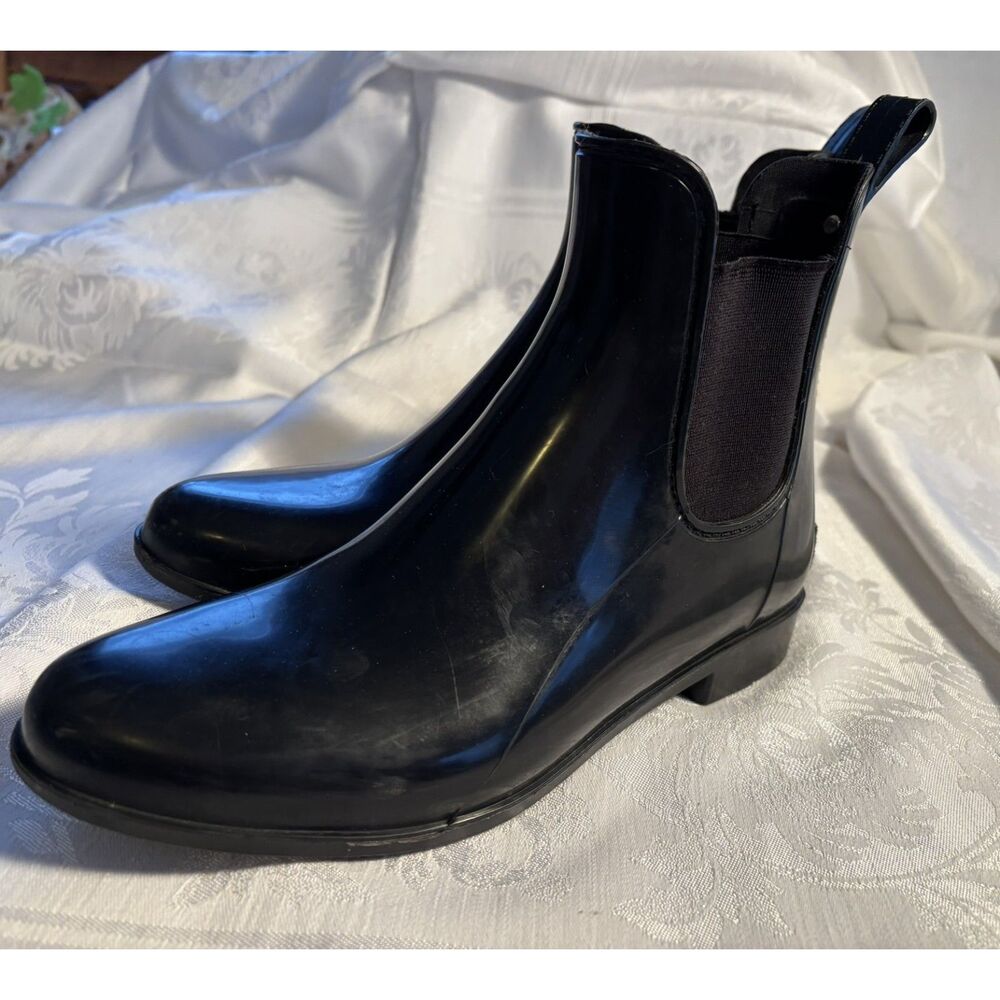 Sam Edelman Black Rain Boots Size 9 Chelsea Glossy Ankle Waterproof Pull On